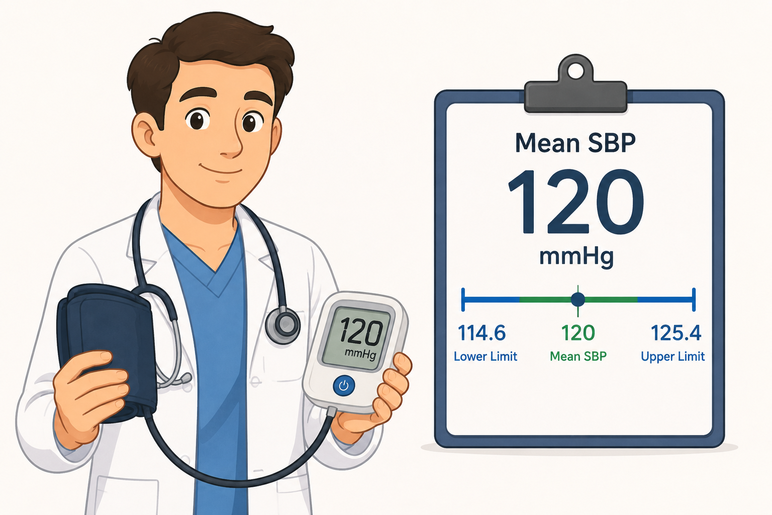 Blood pressure monitor illustration with a confidence interval range shown beneath it